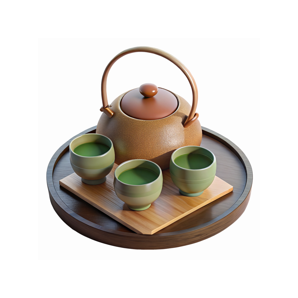 Traditional Brown Teapot With Handle and Three Green Tea Cups on Bamboo Tray and Wooden Round Base png