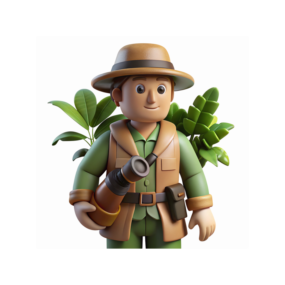 Cartoon Explorer Wearing Hat Holding Binoculars with Green Plants in Background on Transparent Design png