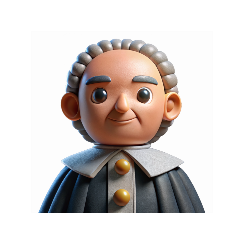 3D Render of Smiling Historical Judge Character with Classic Wig and Robe on Black Background png