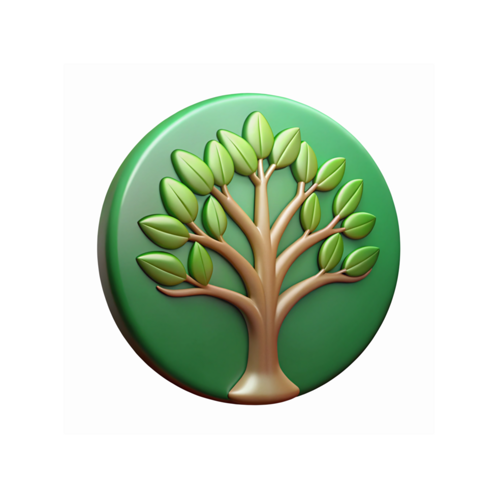 Green Tree Emblem Icon with Glossy Circular Design and Brown Trunk for Nature and Sustainability Concepts png