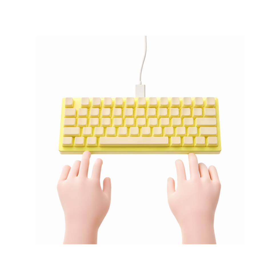 Hands Typing on Yellow Wired Keyboard with White Keys Isolated on Transparent Background for Digital Work png