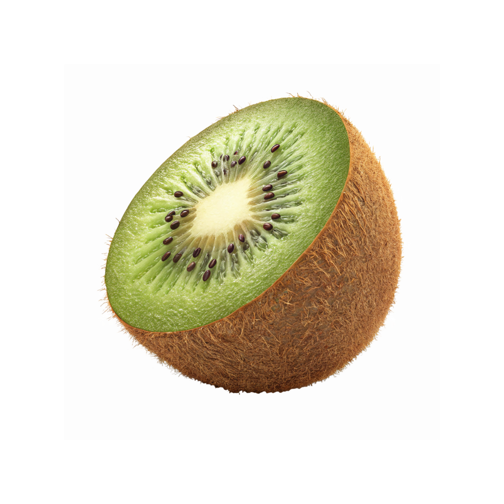 Closeup of Freshly Sliced Kiwi Fruit with Green Pulp Black Seeds and Brown Fuzzy Skin on Transparent Background png