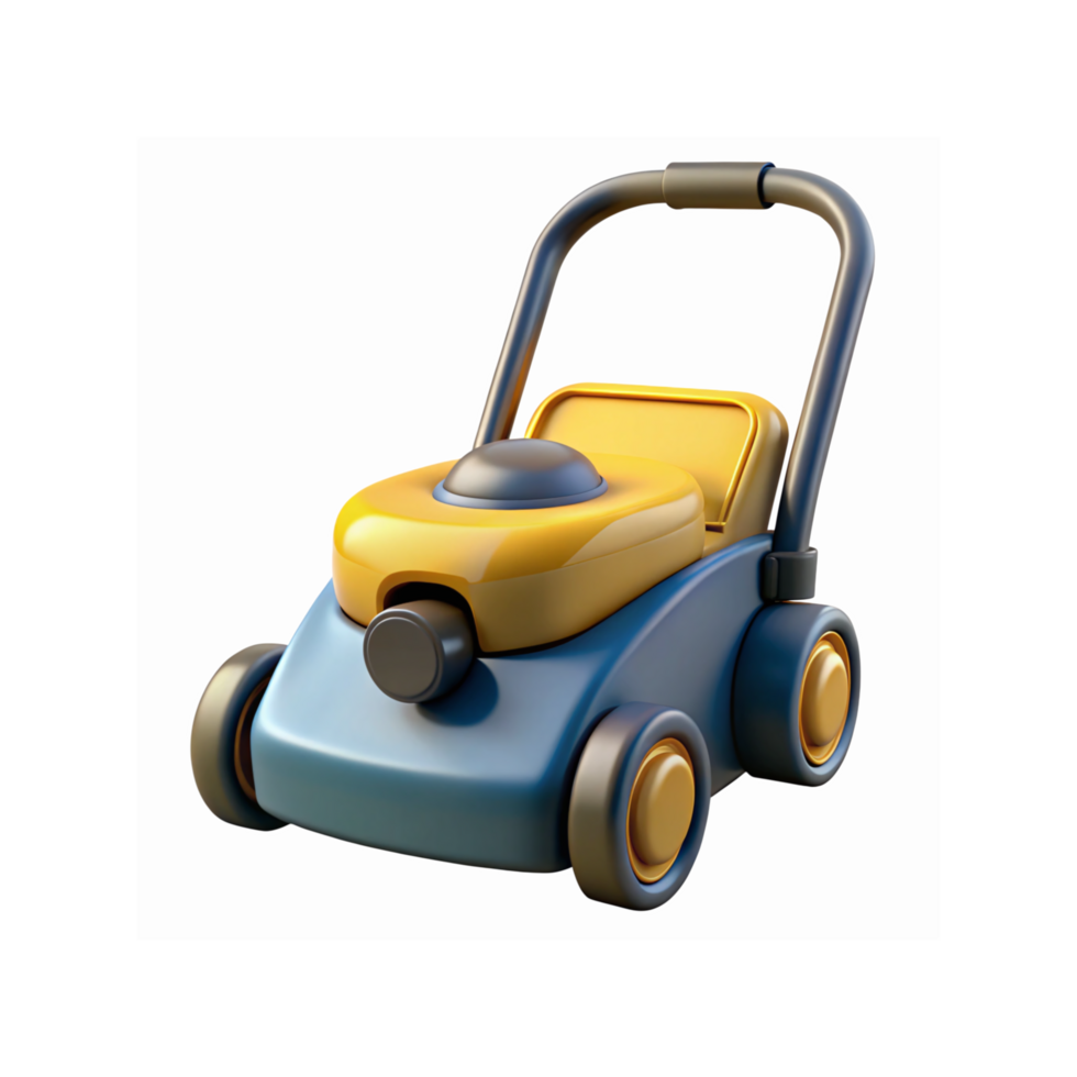 Blue and Yellow Toy Lawn Mower with Wheels and Handle Isolated on Transparent Background for Kids Play png