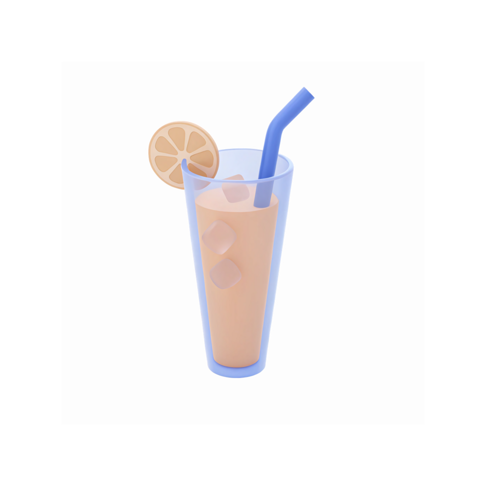 Refreshing Peach Drink with Blue Straw Lemon Slice and Transparent Ice Cubes on Transparent Background png