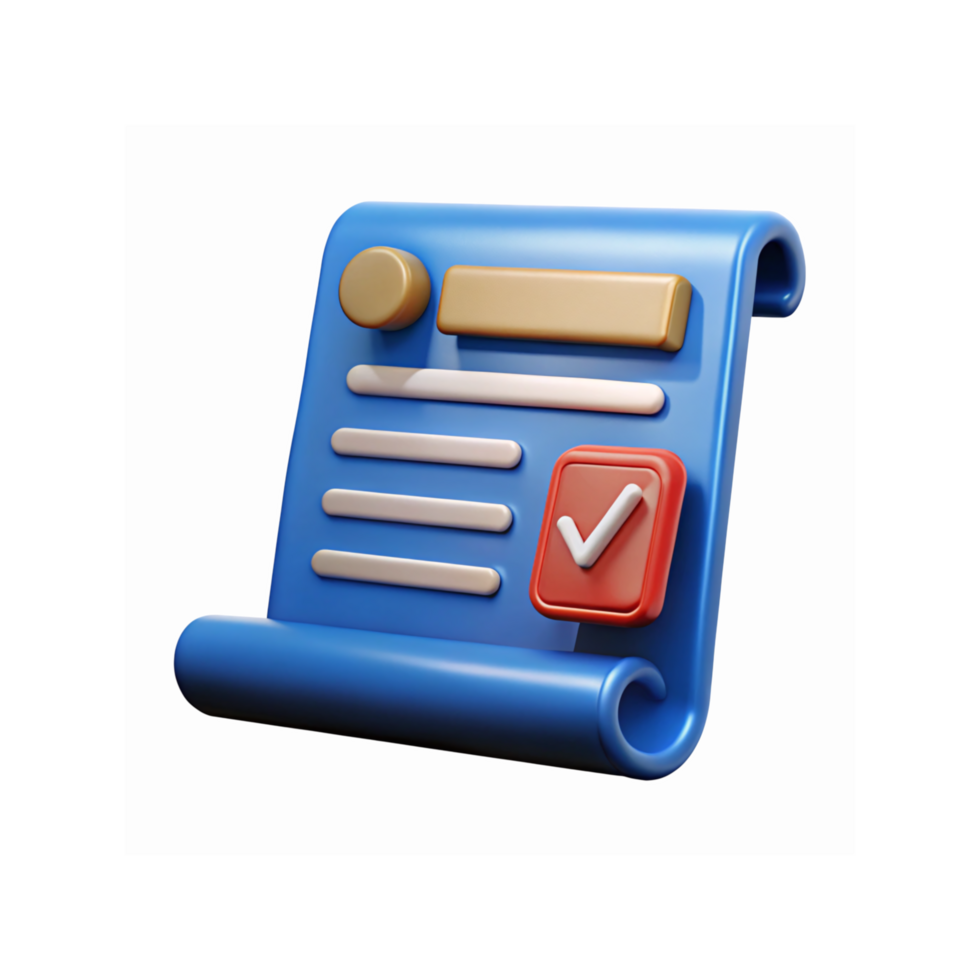 3D Blue Scroll Document Icon with Red Checkmark and Gold Button on Transparent Background for Applications png