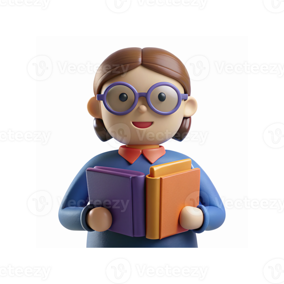 Cartoon Female Character with Glasses Holding Colorful Books for Education and Learning Concepts png