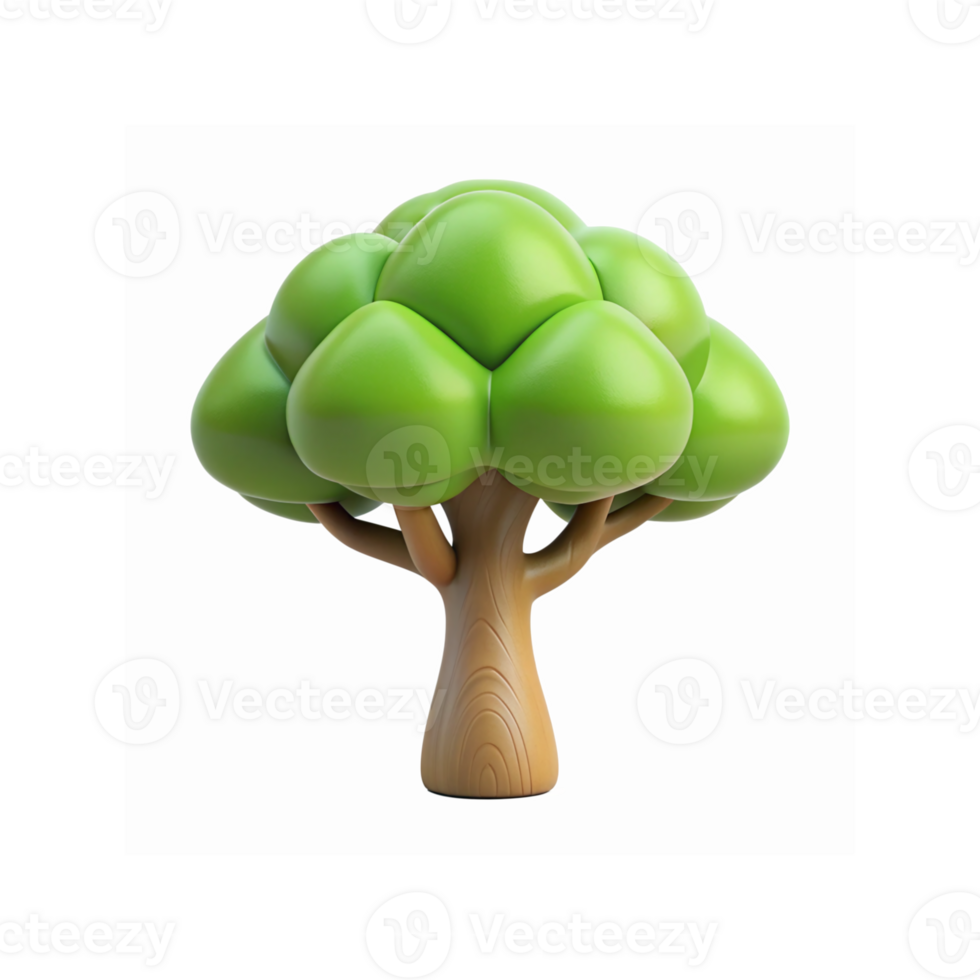3D Cartoon Style Green Tree Illustration with Wooden Trunk for Nature and Environment Design png