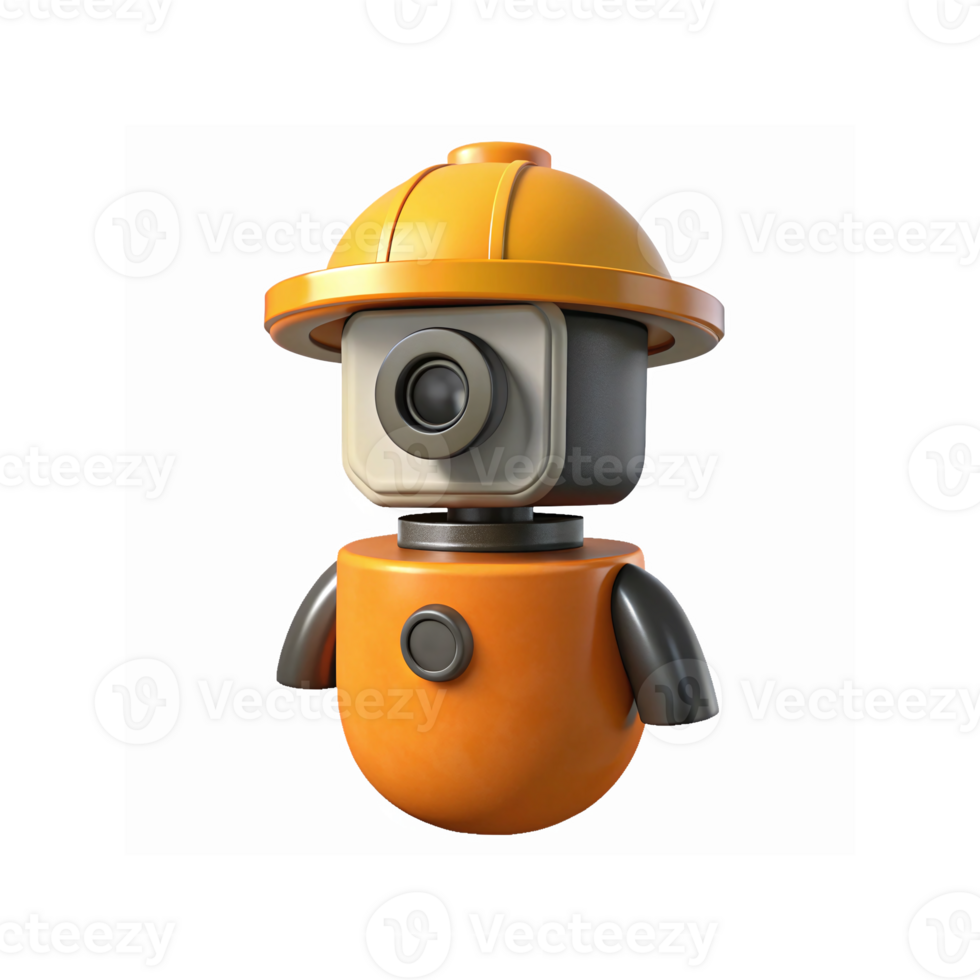 Orange Toy Robot with Camera Head and Hard Hat for Technology and Construction Concepts on Transparent Background png