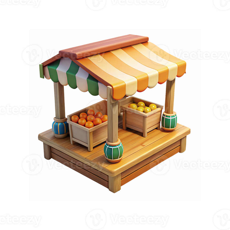 Wooden Market Stall with Striped Canopy and Fruit Crates Featuring Oranges and Lemons png