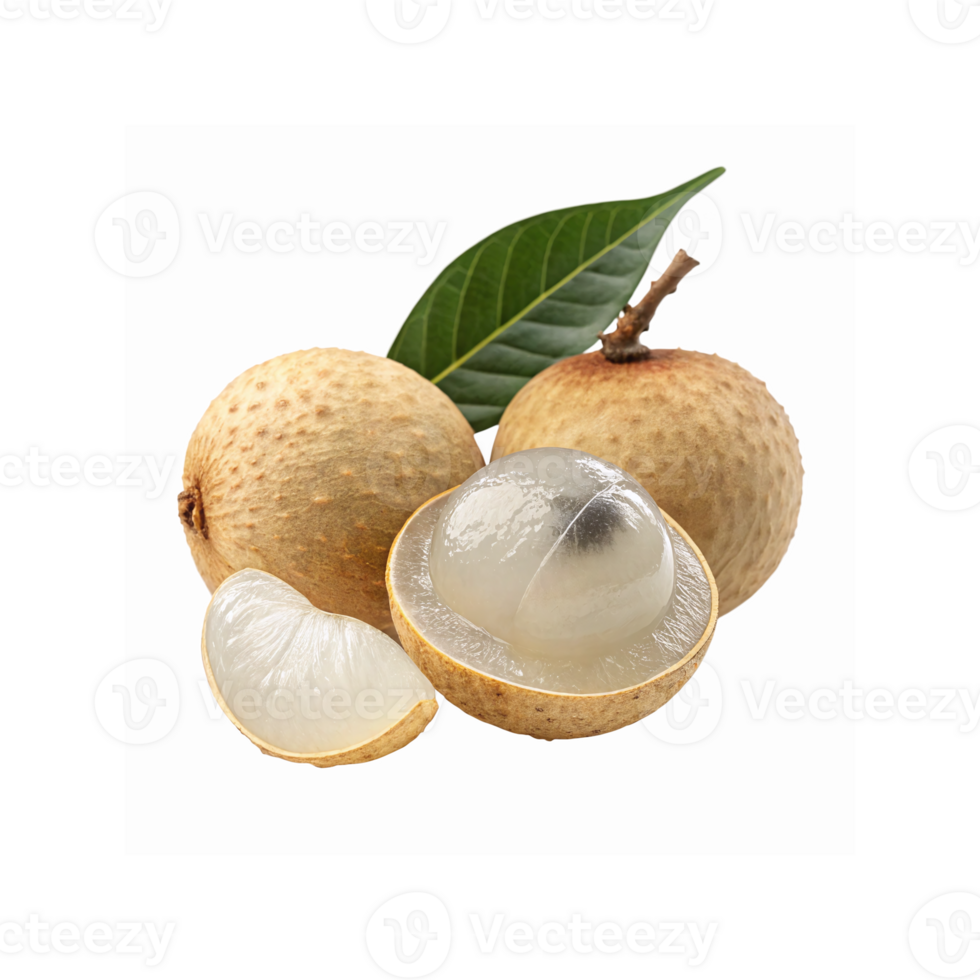 Ripe Longan Fruits with Open Juicy Flesh and Green Leaf Isolated on Transparent Background for Healthy Food Use png