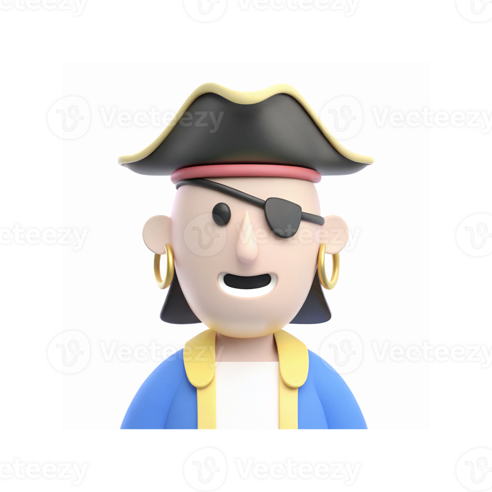3D Cartoon Pirate Character with Black Hat Eye Patch Gold Earrings and Blue Jacket on Transparent Background png