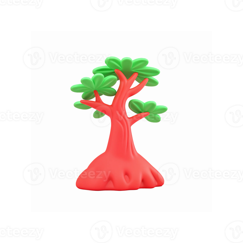 Bright Red Stylized Tree with Green Leaves and Smooth Trunk on Transparent Background for Design Use png