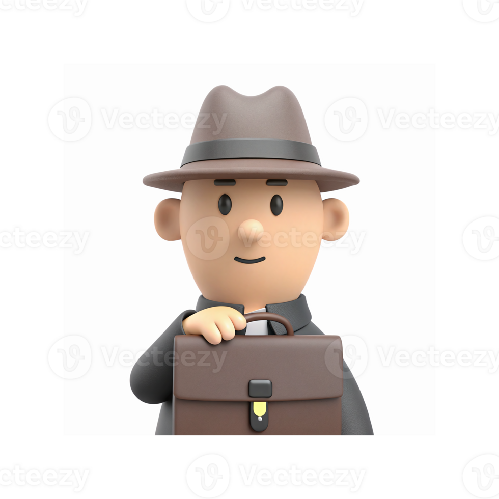 Cartoon Character with Brown Hat Holding Brown Briefcase on Transparent Background for Business Concepts png