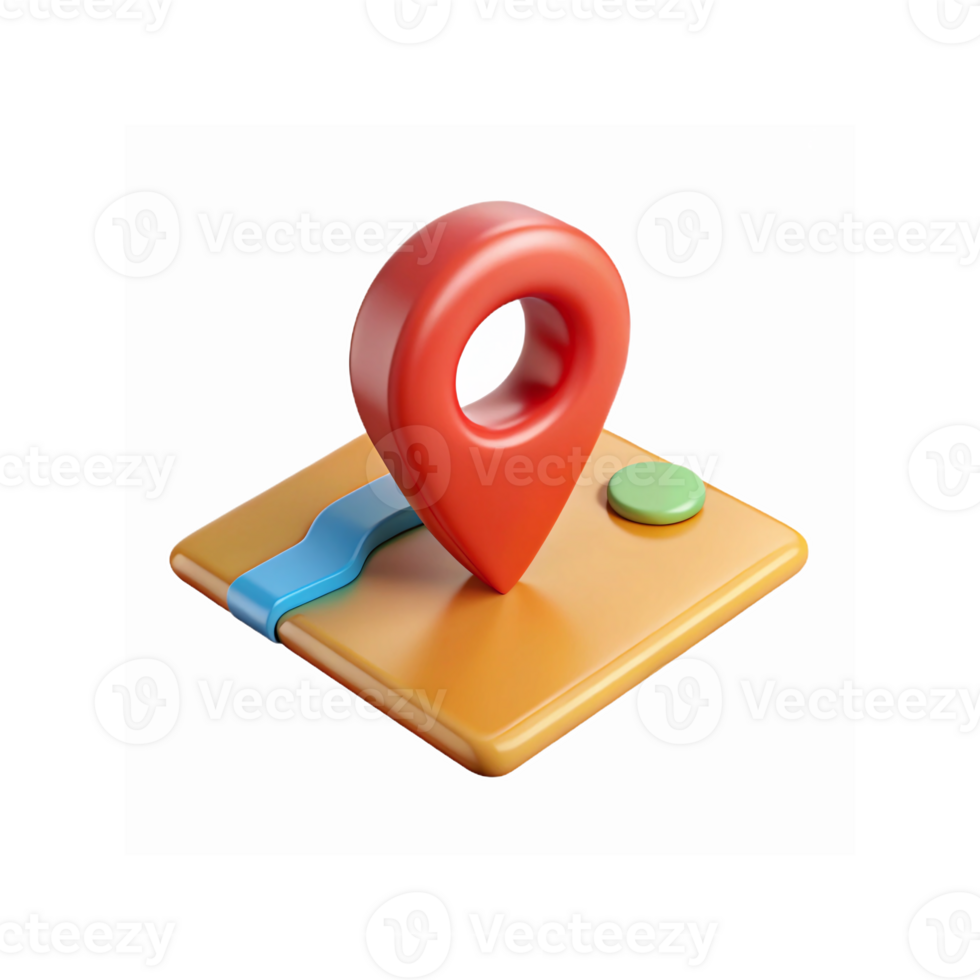 3D Red Map Pin on Yellow Map Icon with Blue River and Green Button for Navigation and Location Marker png