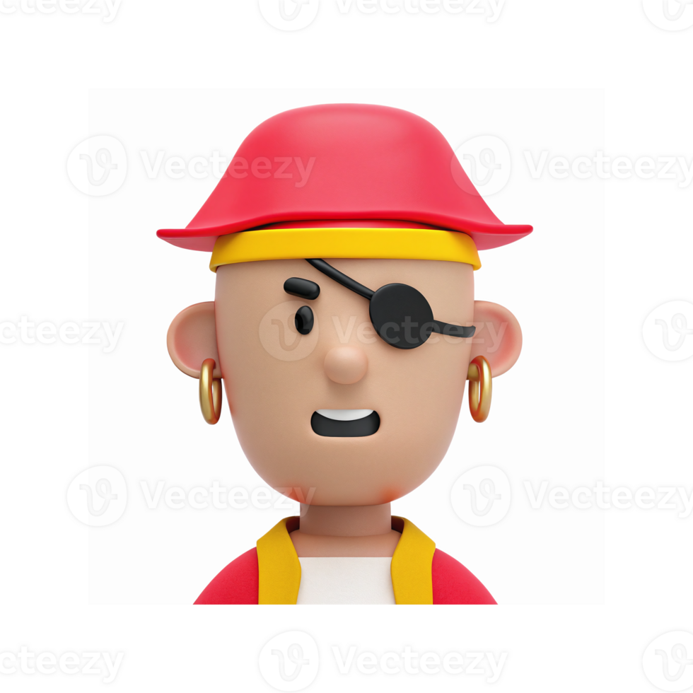 3D Illustration of Cartoon Pirate Character with Red Hat Eye Patch and Gold Earrings on Transparent Background png