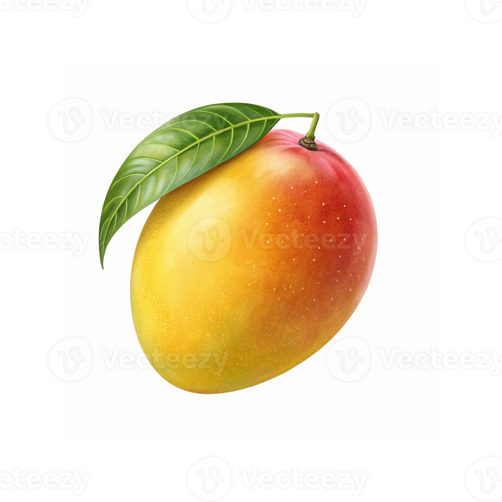 Bright Yellow and Red Ripe Mango with Green Leaf Isolated on Transparent Background for Tropical Fruit Concept png