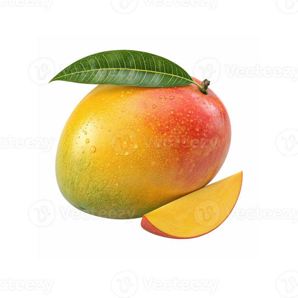 Ripe Yellow and Red Mango with Green Leaf and Fresh Slice Isolated on Transparent Background png