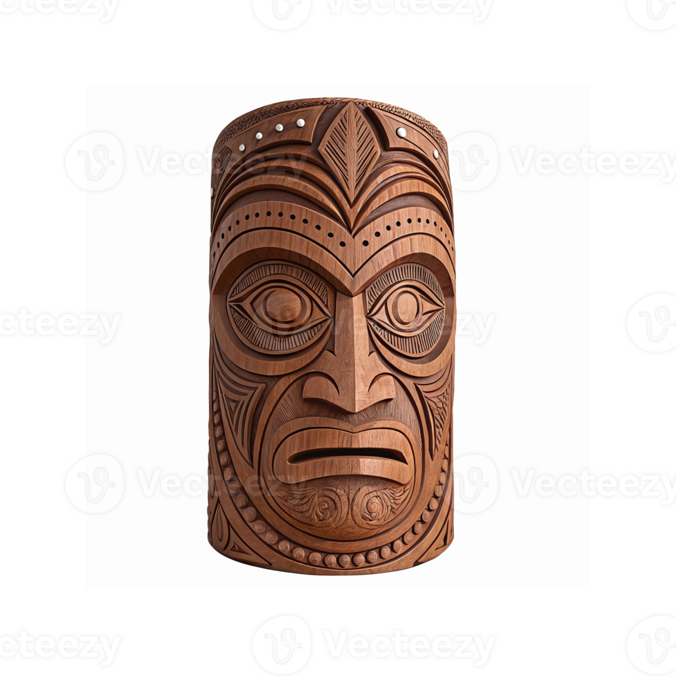 Intricately Carved Wooden Tribal Mask Sculpture with Symmetrical Patterns and Natural Brown Finish png