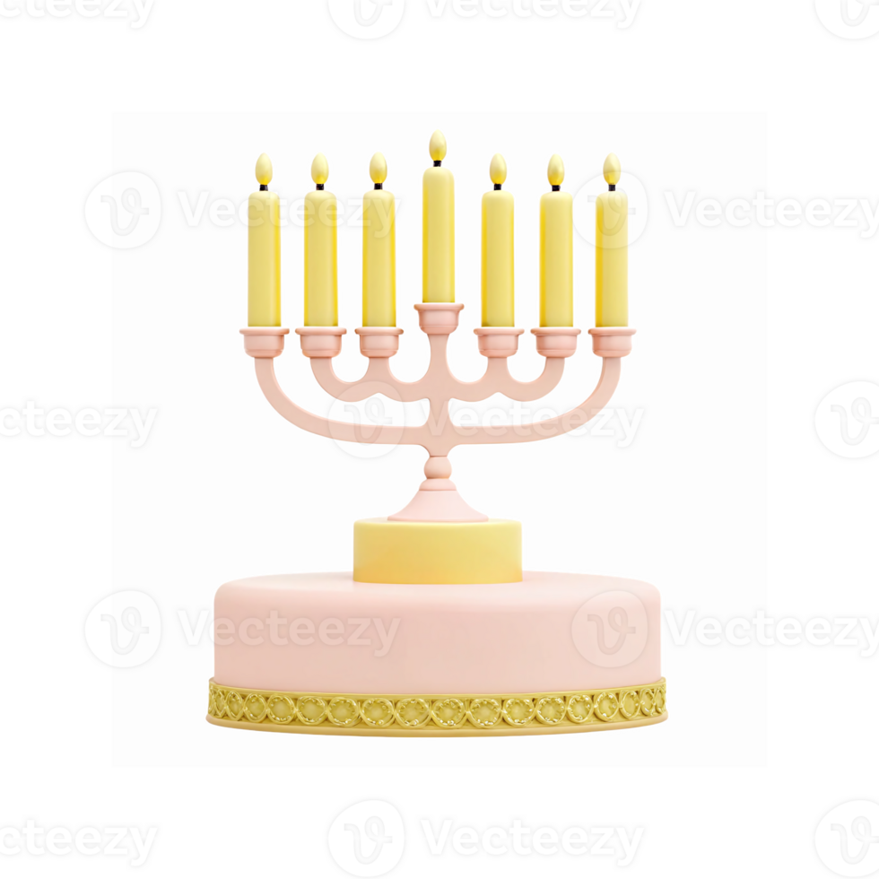 Elegant Pink And Yellow Menorah On Decorative Base With Lit Candles For Hanukkah Celebration png