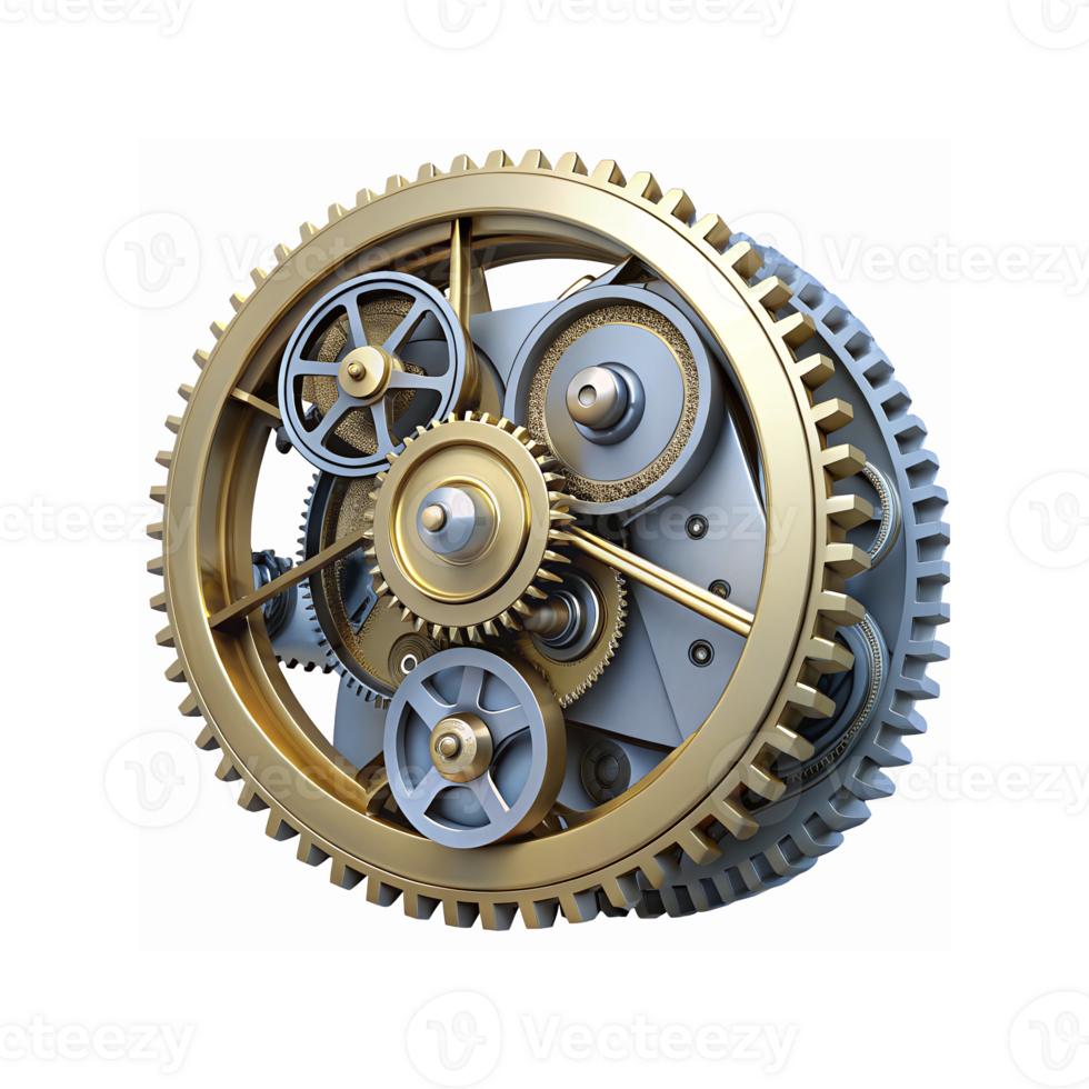 Closeup of Interlocking Golden and Silver Gear Mechanism Showing Engineering Precision and Metal Texture png