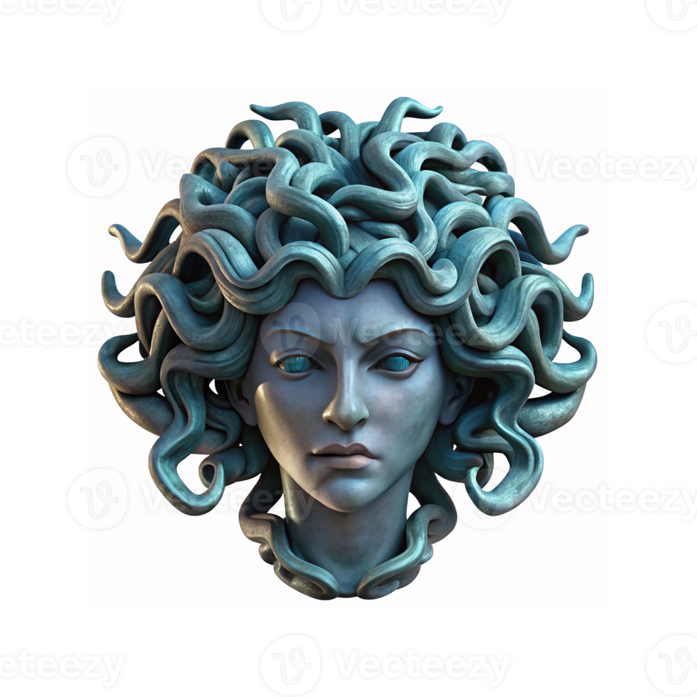 Medusa Gorgon Stone Sculpture With Snake Hair Mythological Character Closeup Blue Tones png