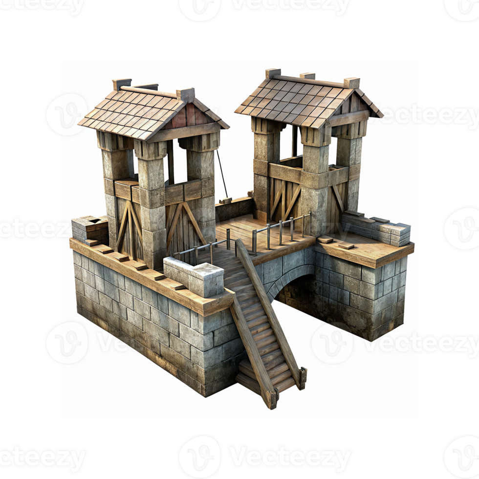 Medieval Wooden and Stone Guard Tower with Bridge Architectural Design for Fantasy Games and History Projects png