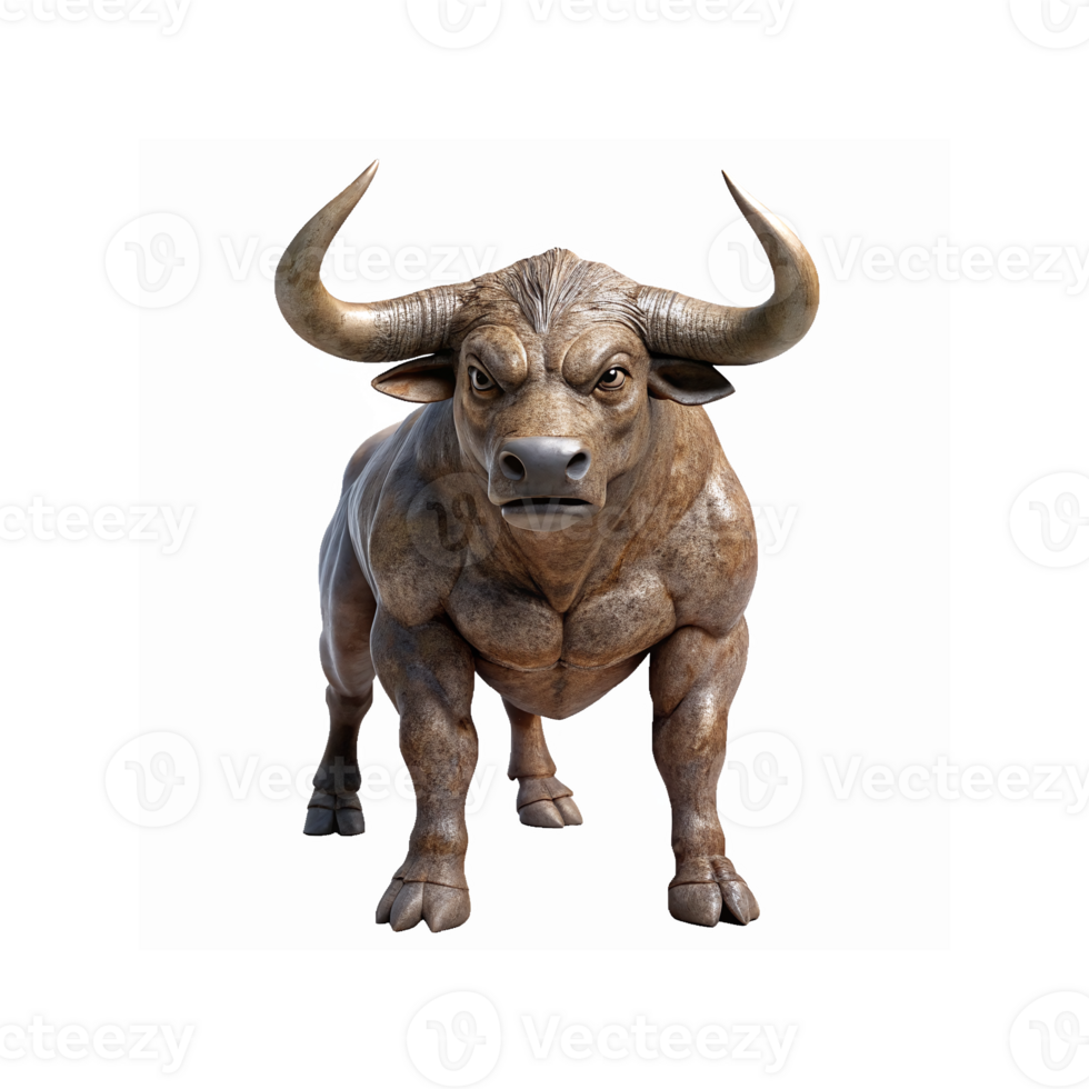 Powerful Brown Bull with Large Horns Standing in Intimidating Pose on White Background png