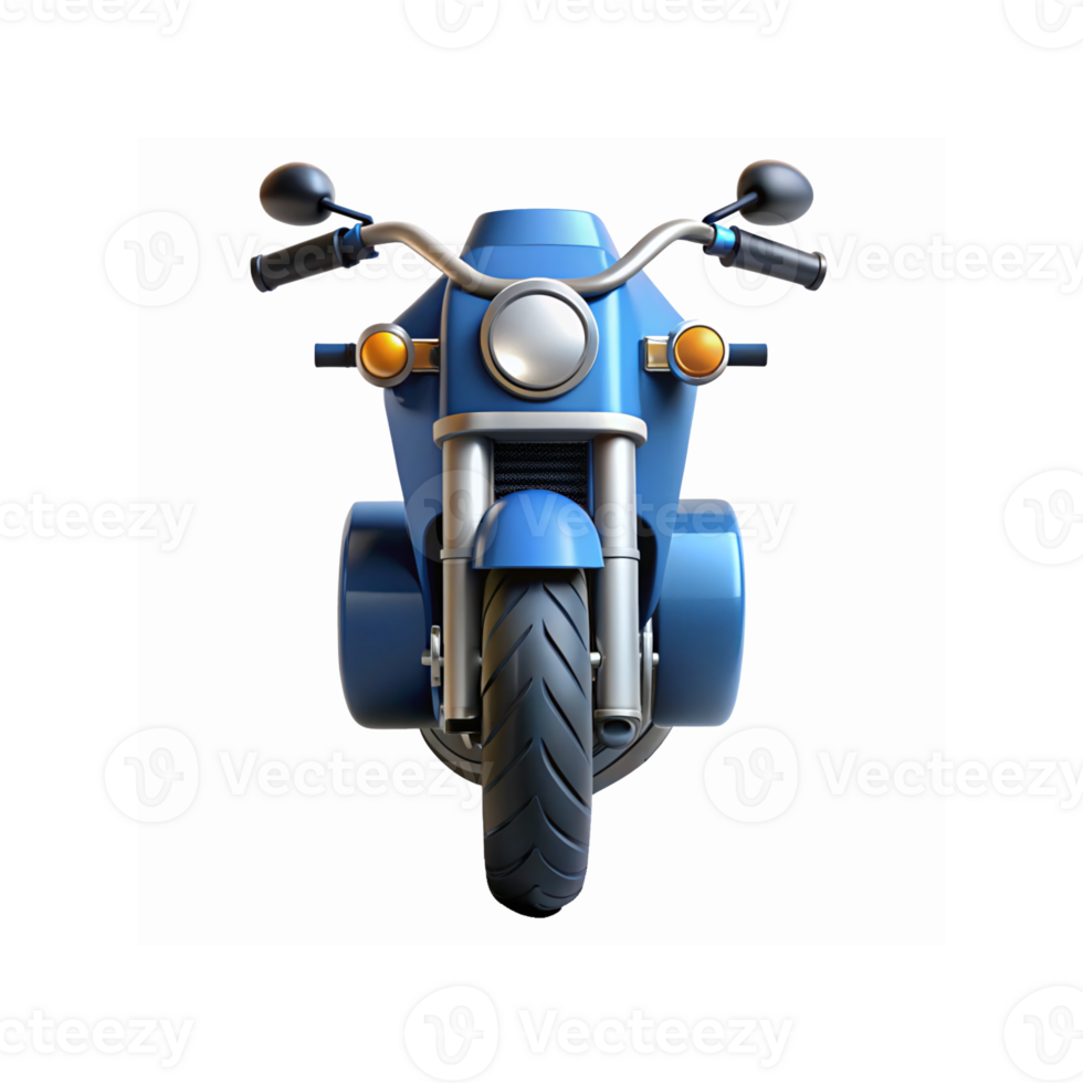 Front View of Blue Classic Motorcycle with Chrome Details and Black Tire on Transparent Background png