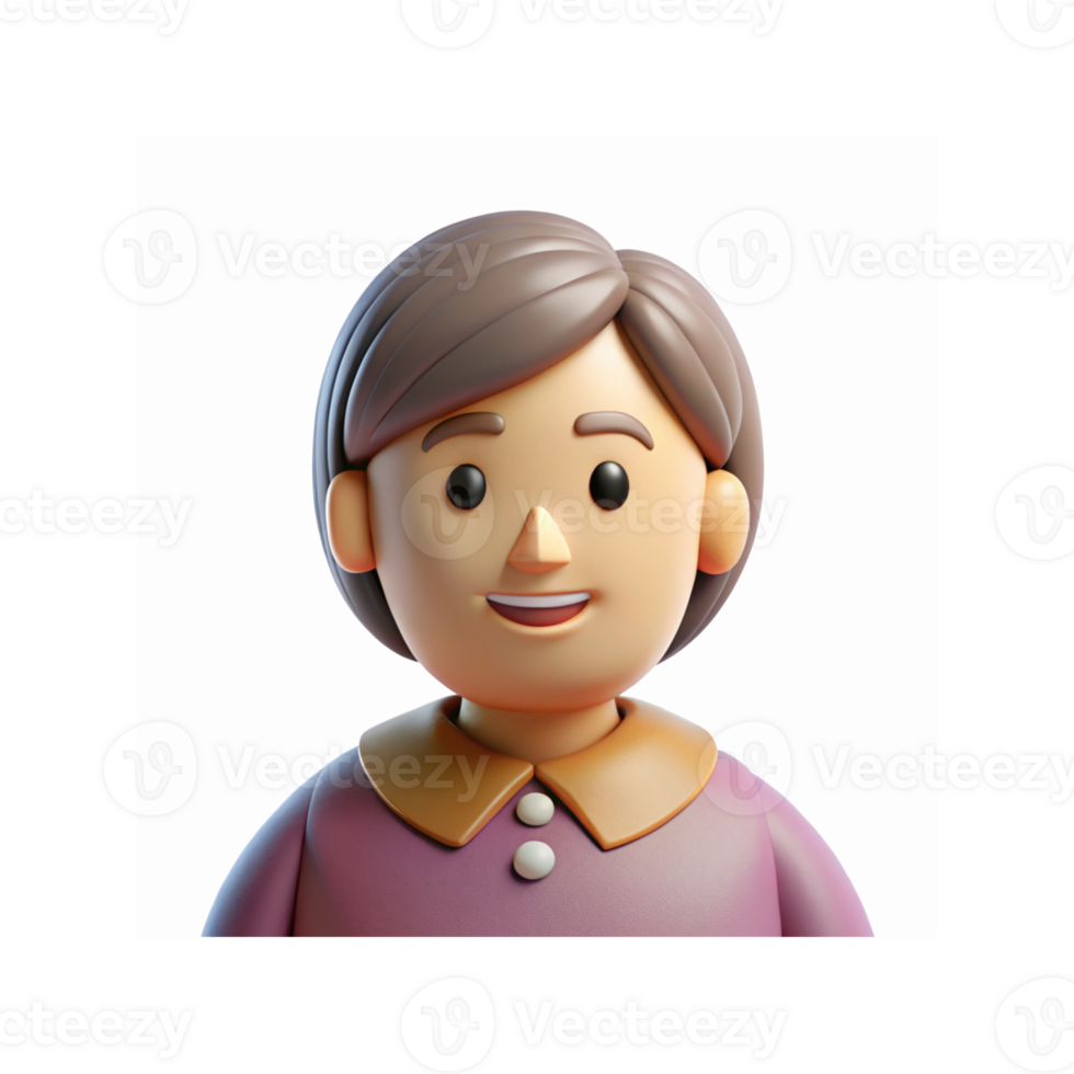 Smiling Cartoon Female Character with Brown Hair in Purple Shirt and Collar on Transparent Background png
