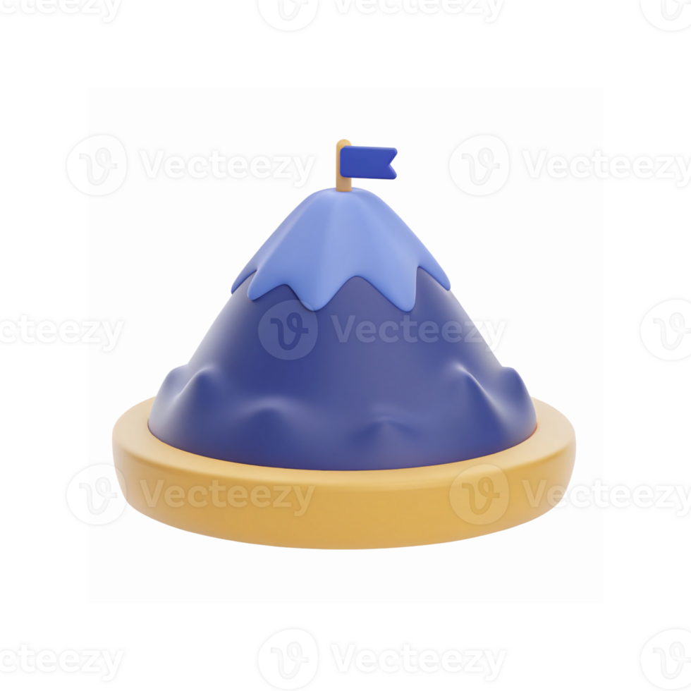 Blue Mountain with Flag on Yellow Base in Minimal 3D Cartoon Style for Goal Achievement Concept png
