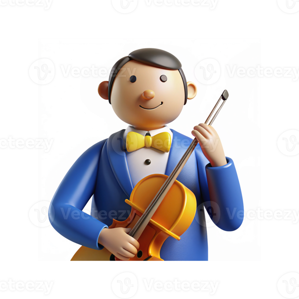 3D Cartoon Character Playing Violin in Blue Suit and Yellow Bow Tie Smiling Musician Illustration png