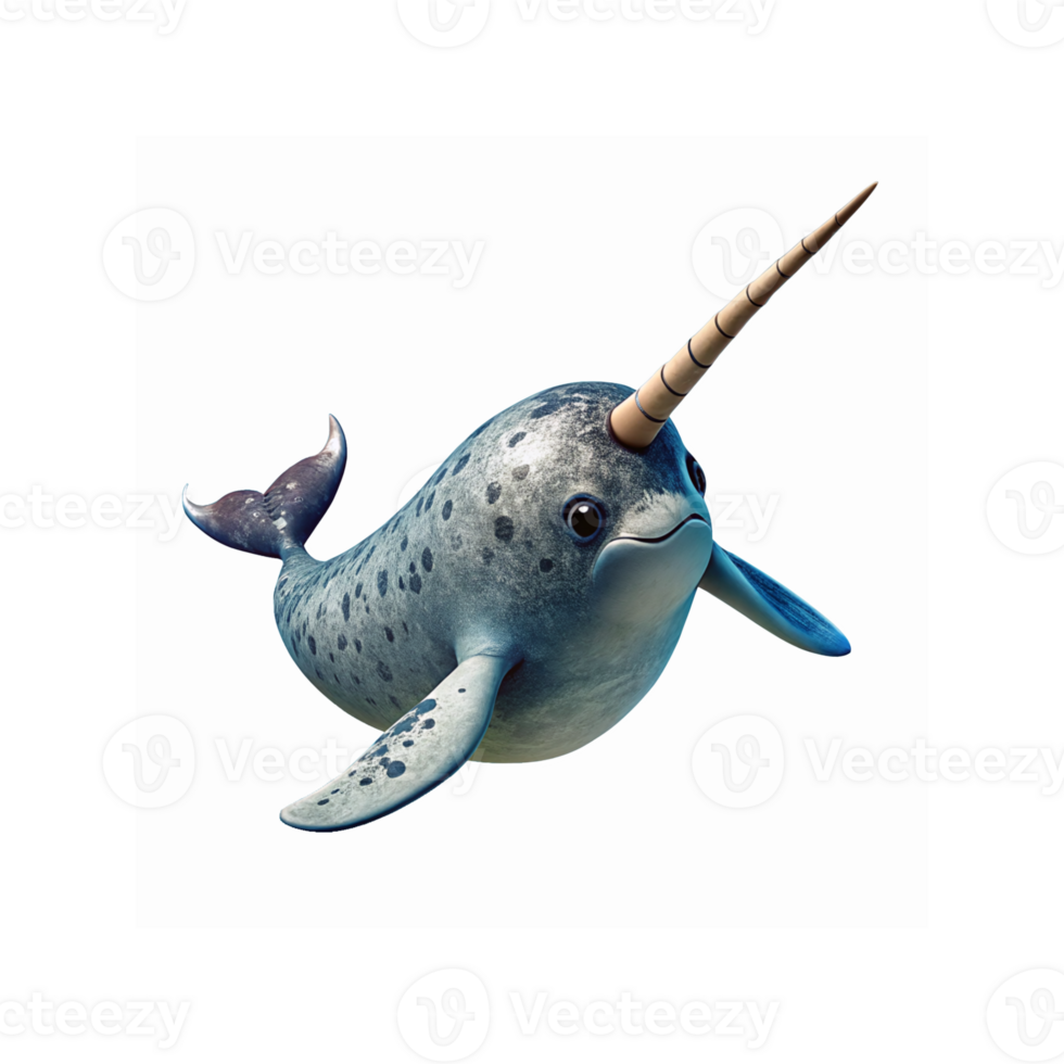 Adorable Blue Narwhal with Textured Spots and Long Spiral Horn in Cute Cartoon Style Illustration png