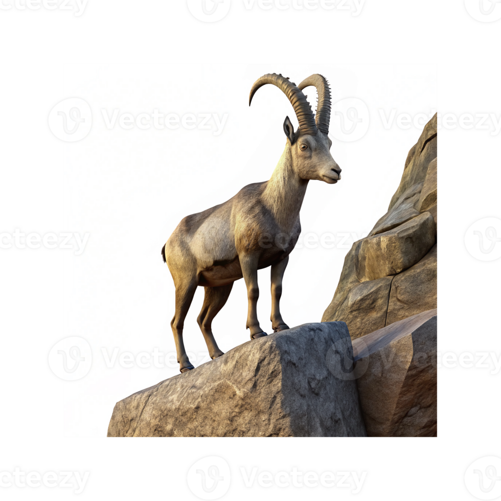 Wild Mountain Goat with Curved Horns Standing on Rock Cliff in Natural Habitat png
