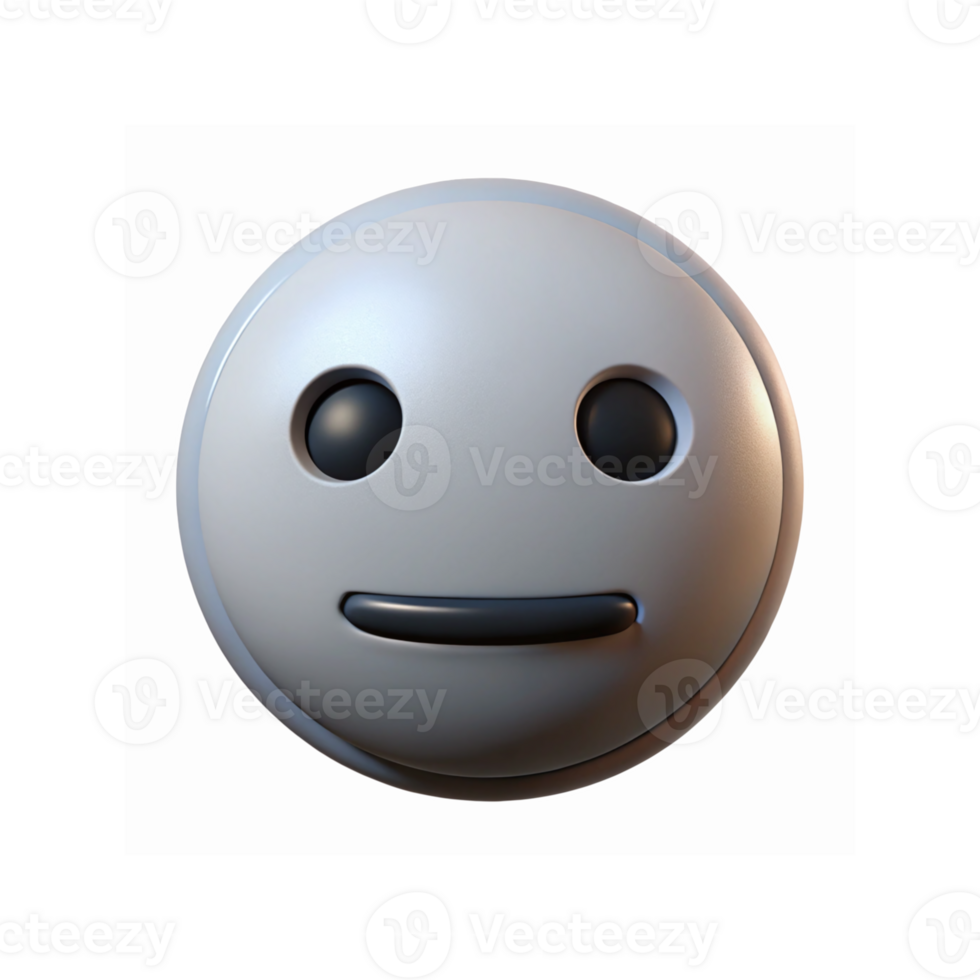 Minimalist Neutral Face Emoji Icon Render with Metallic Gray Finish and Black Features png