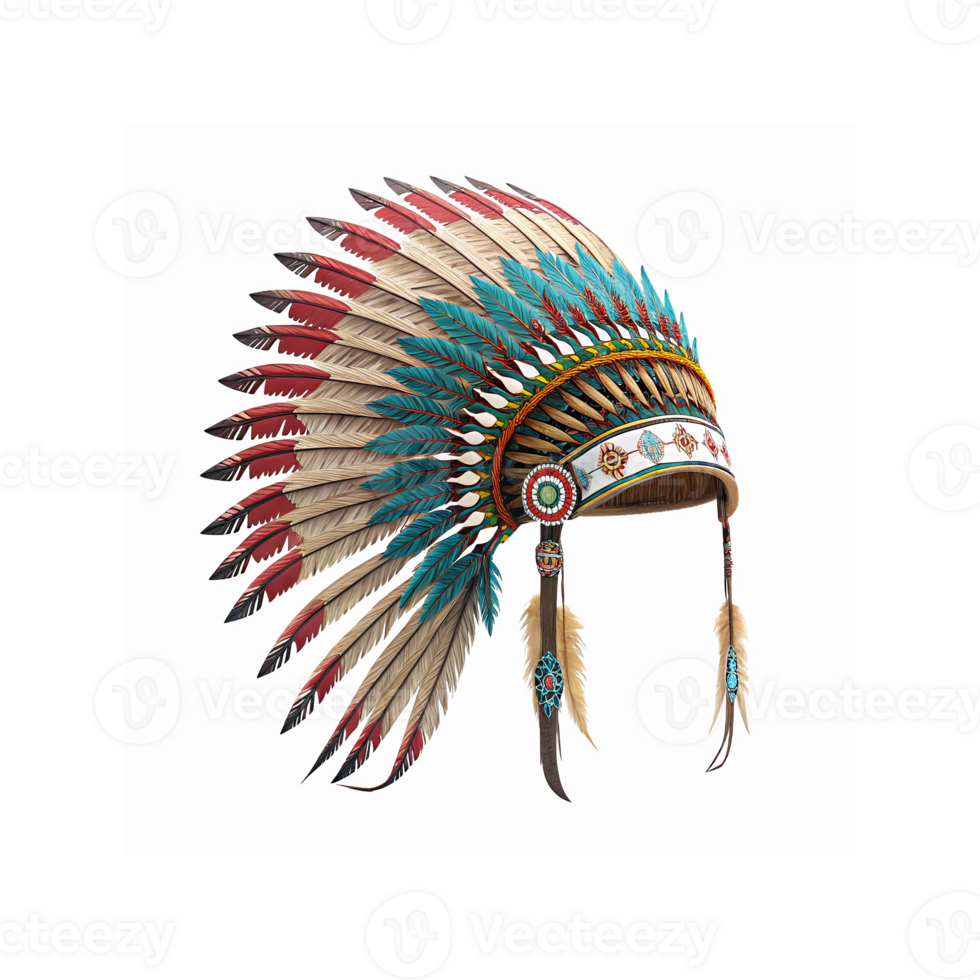Traditional Native American Feather Headdress with Red Blue Beige Decorative Patterns and Ornaments png