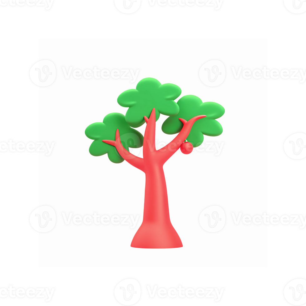 Bright Red Trunk Tree with Green Leaves and Fruit for Nature Graphics or Illustrations png