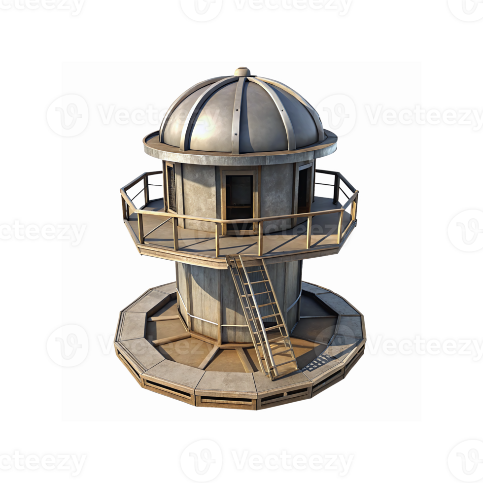 Futuristic Observatory Tower Dome with Wooden Platforms Metal Roof and Ladder Structure png