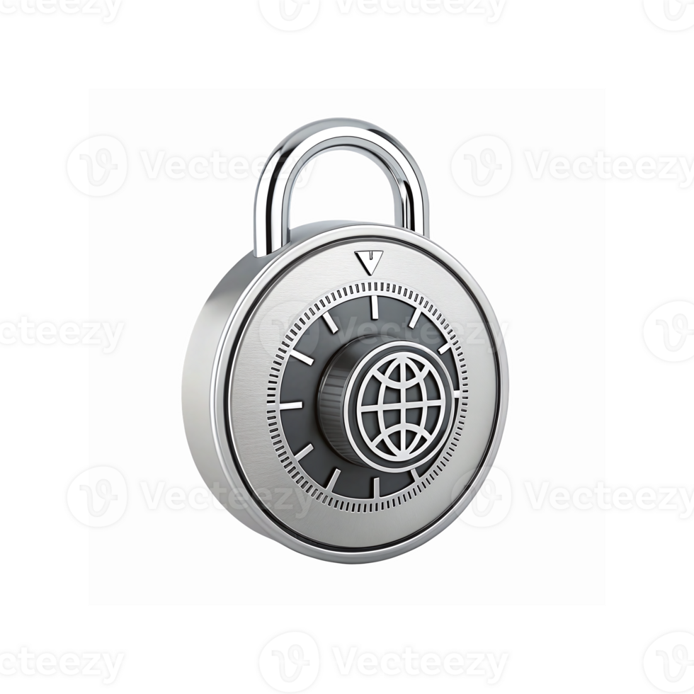 Silver Combination Padlock with Globe Symbol Representing Security and Global Protection on Transparent Background png