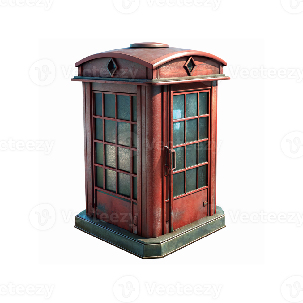 Vintage Red Telephone Booth with Glass Panels and Weathered Metal Design for Urban Decor png
