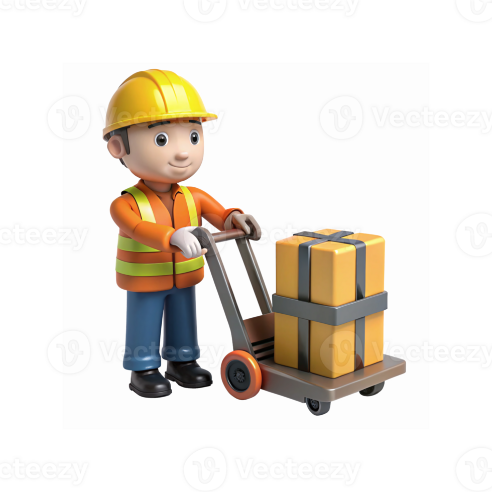 Worker Pushing Hand Truck with Yellow Box Wearing Safety Helmet and Vest for Delivery or Logistics png