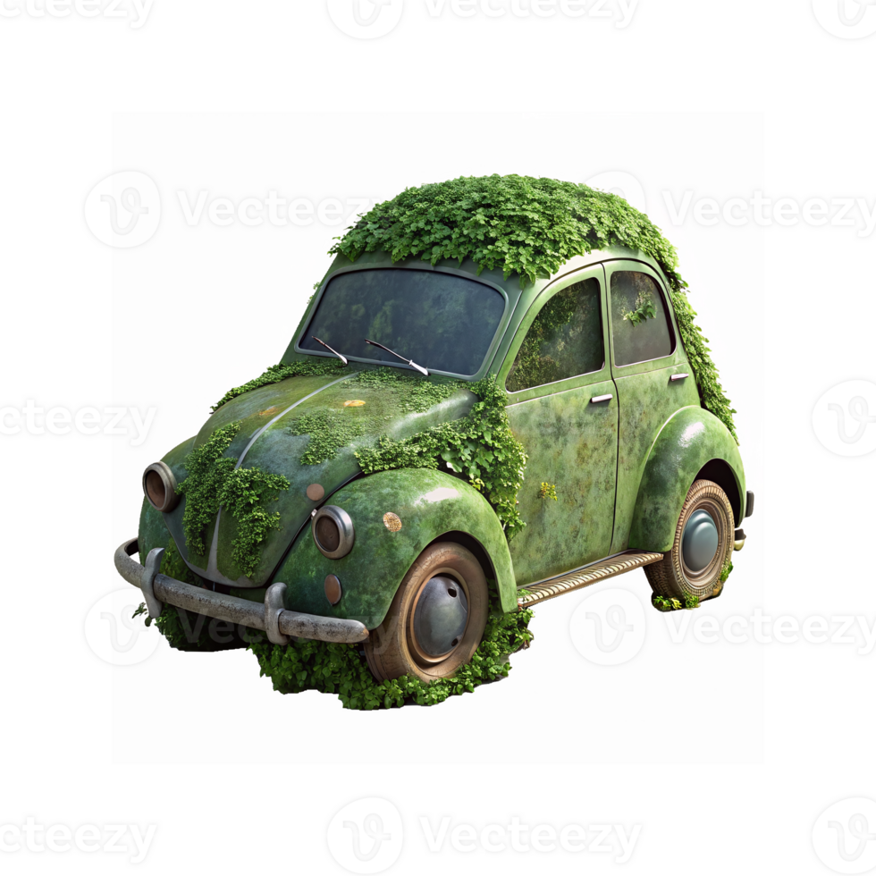 Vintage Green Car Covered in Lush Ivy Plants Representing Nature and Sustainability Concept png