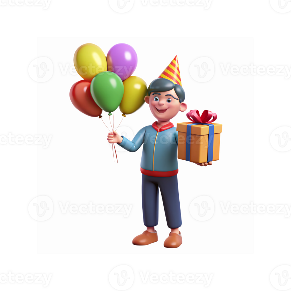 Smiling Boy Holding Balloons Party Hat and Gift Box Celebration Concept on White Background png