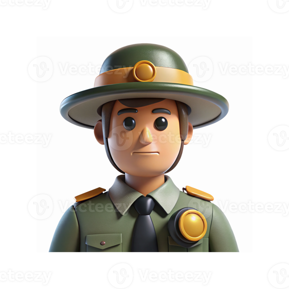 3D Cartoon Park Ranger Wearing Green Uniform Hat And Badge For Conservation Nature Education png