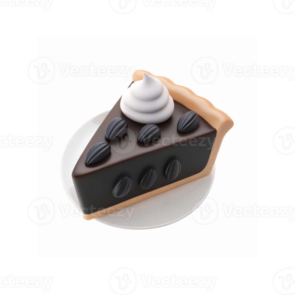 Slice of Chocolate Pie with Coffee Bean Decor and Whipped Cream on White Plate with Transparent Background png