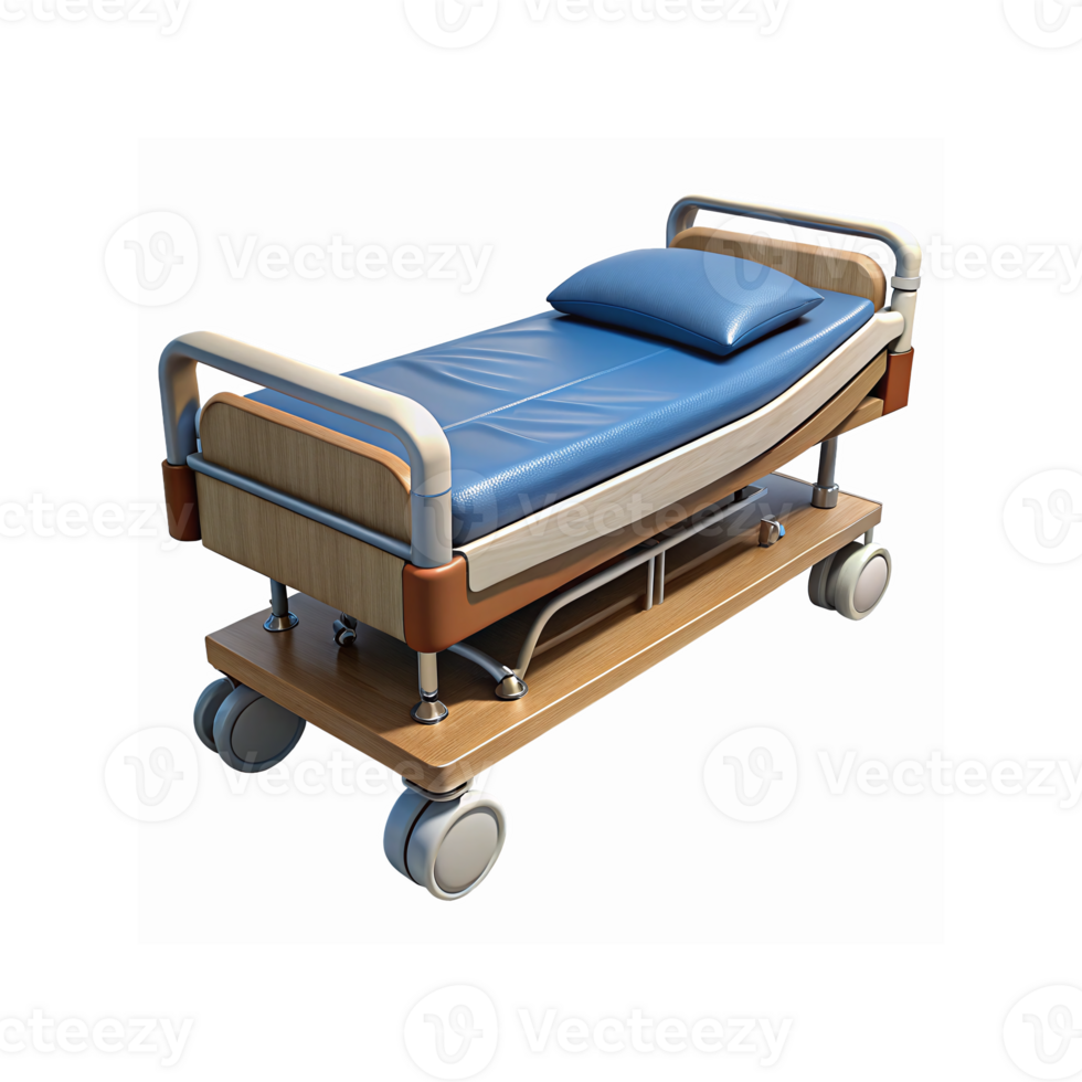Modern Medical Hospital Bed with Blue Mattress and Wooden Frame for Healthcare Services and Facilities png