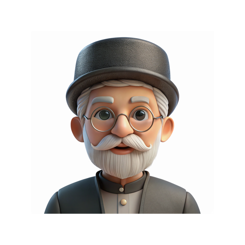 Elderly Cartoon Man with Gray Beard Glasses Black Hat and Coat Happy Expression on Transparent Background png