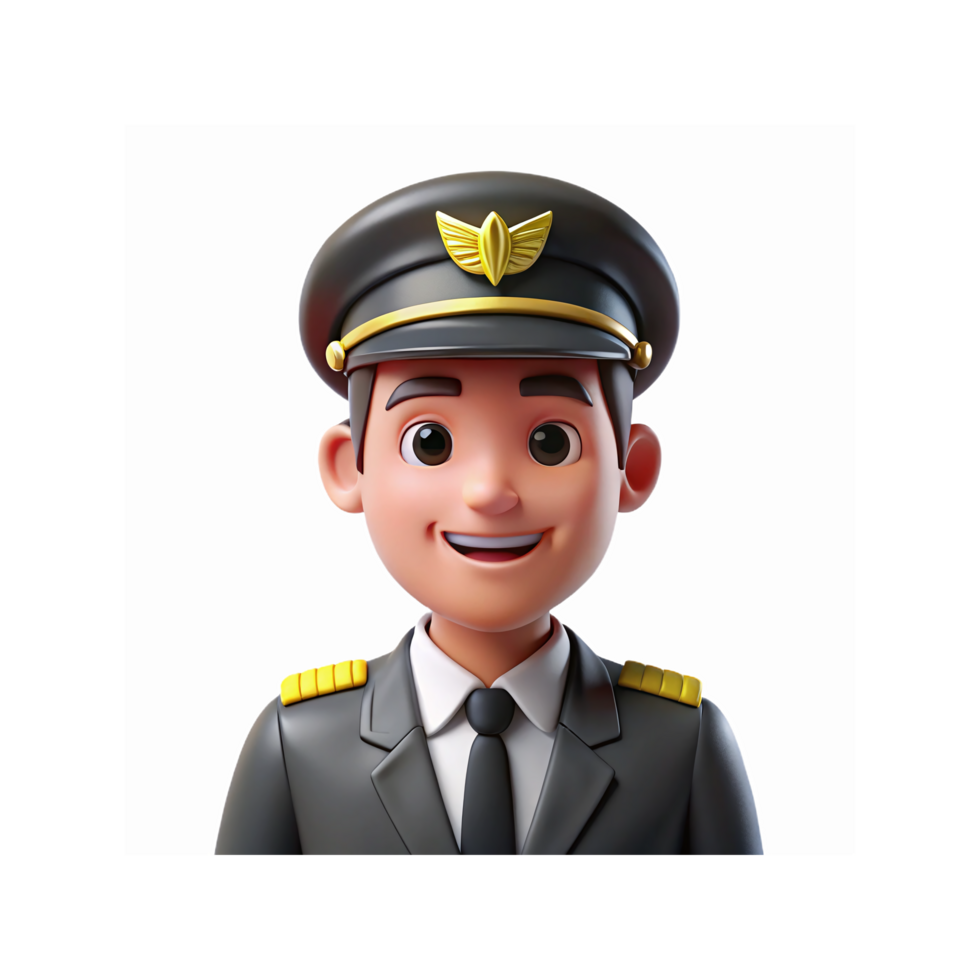 Smiling Male Cartoon Pilot Wearing Uniform Cap and Tie with Gold Badge and Transparent Background png