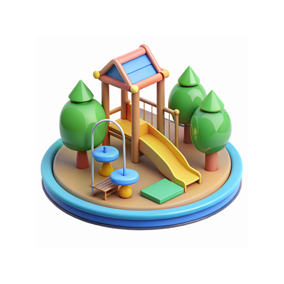 3D Playground Scene with Trees Slide Bench and Swings for Kids Recreation and Fun Design Elements png
