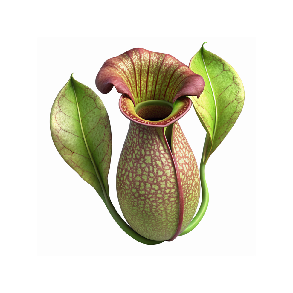 Detailed Closeup of Vibrant Green and Red Carnivorous Pitcher Plant with Unique Textured Leaves png