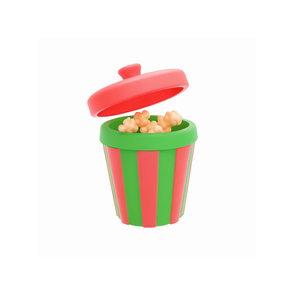 Green and Red Striped Container with Open Lid and Popcorn Orange Snack Pieces on Transparent Background png